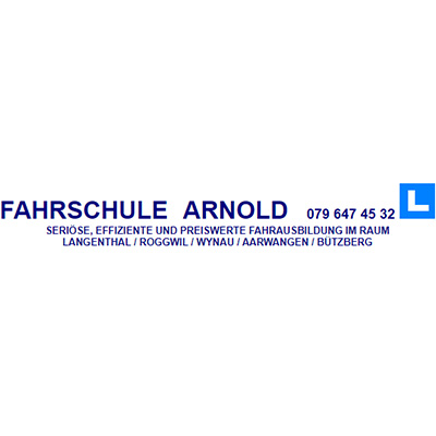Logo der Fahrschule Arnold mit Kontaktinformationen und L-Zeichen.